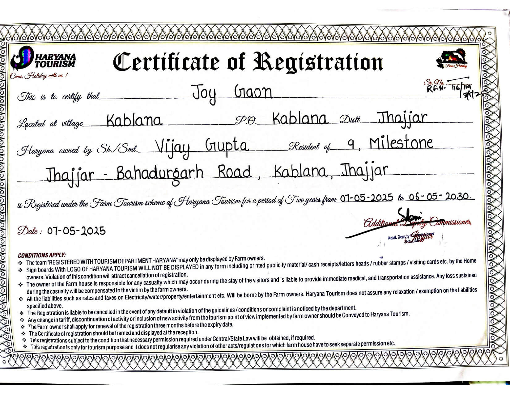 Certificate Of Haryana Tourism Registration Certificate Of Haryana Tourism Registration